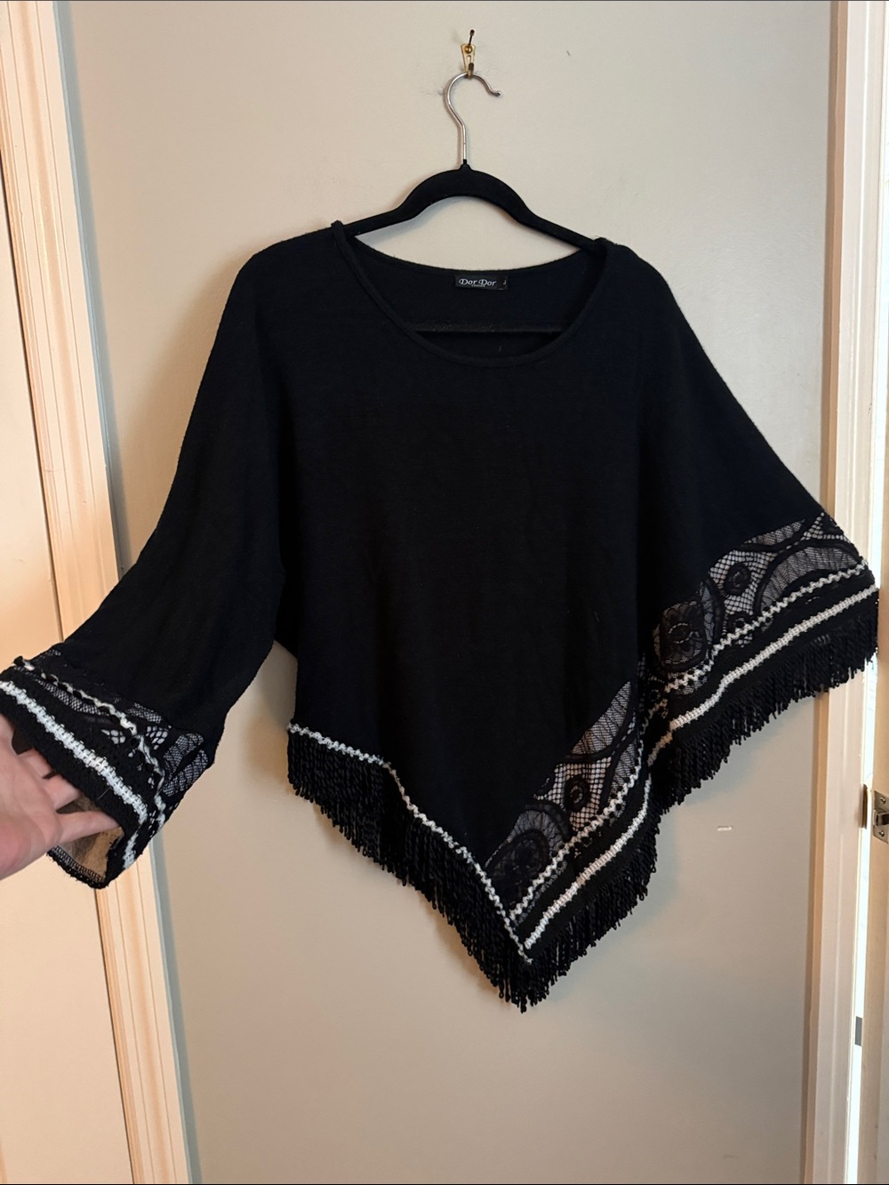 Black Fringe Lace-Trim Poncho Sweater - Women's Pullover
